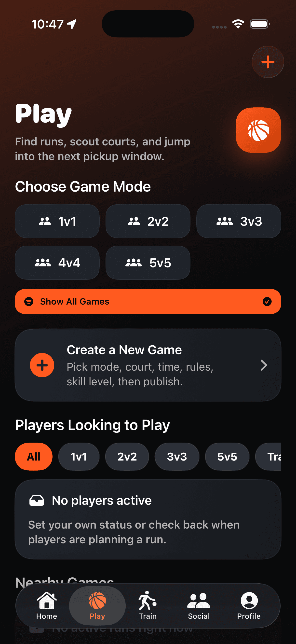 OpenRun Play screen showing game modes, pickup game creation, nearby runs, and players looking to play.